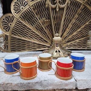 Vintage Primary Colors Mug Bamboo Rattan Boho Set of 5 Red Blue Green Japan Made